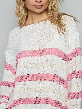 POL Striped Openwork Round Neck Knit Top